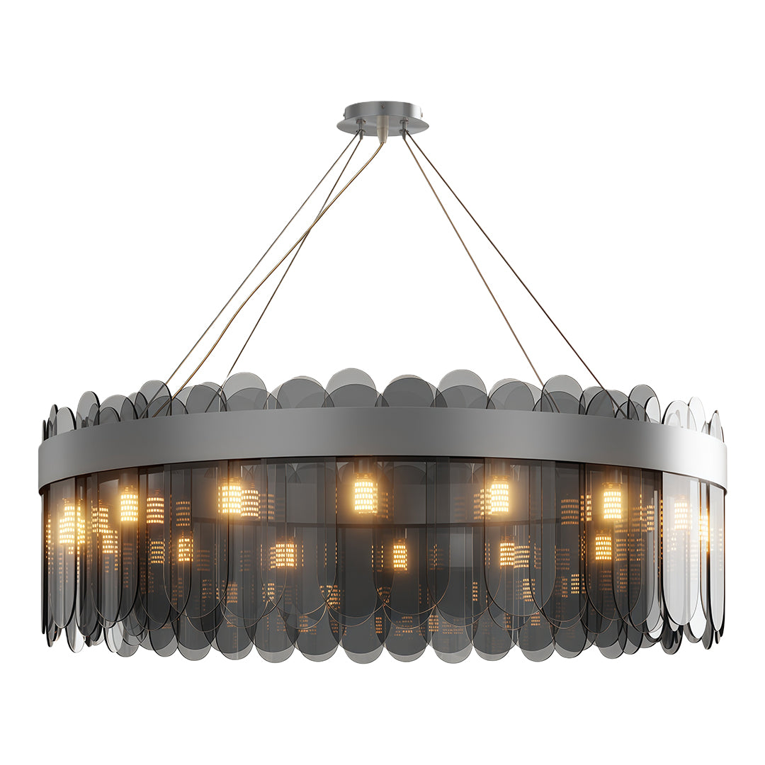 Modern copper chandelier featuring satin chrome with linear glass cylinder arrangement