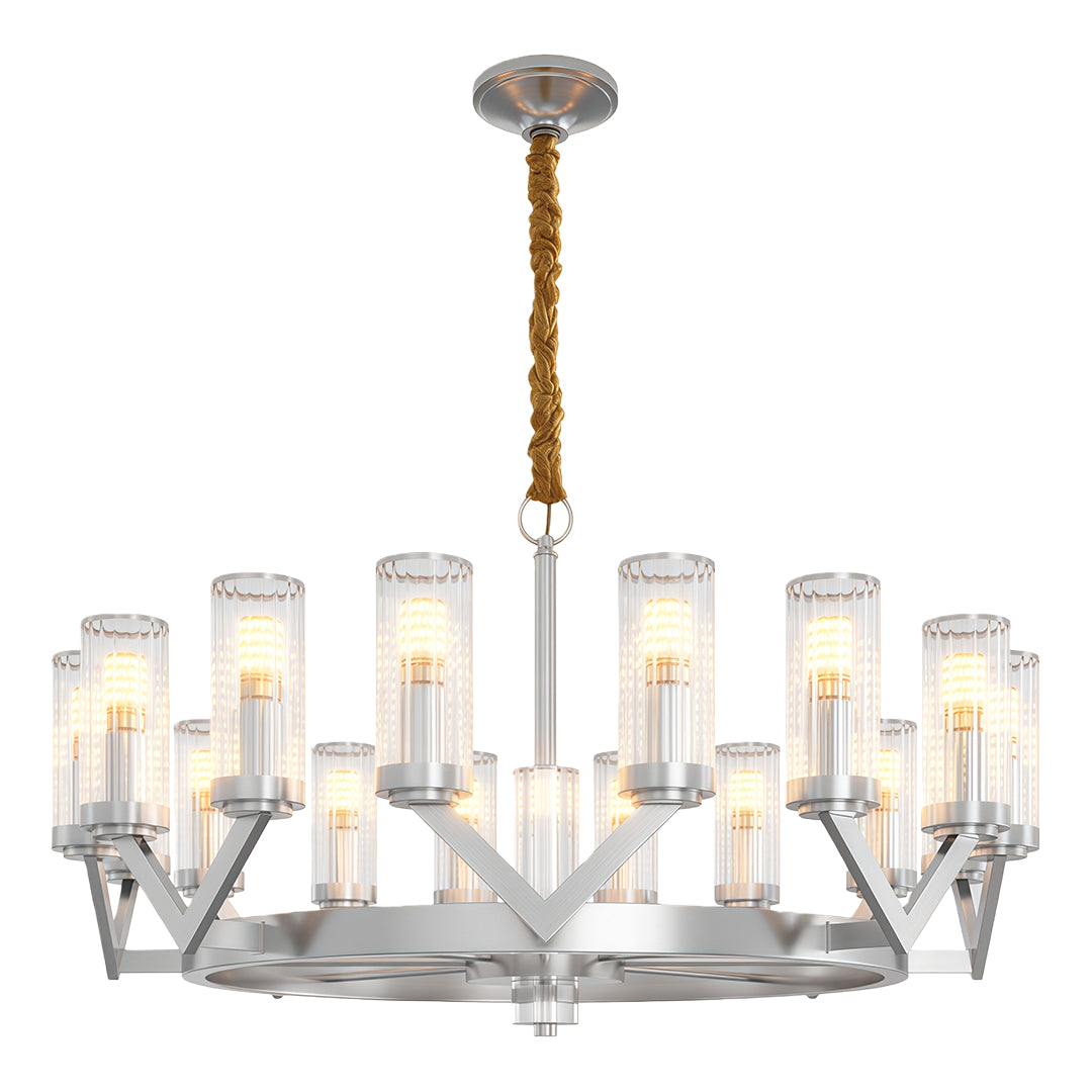 Glass drop chandelier featuring satin chrome with radial glass cylinder pattern
