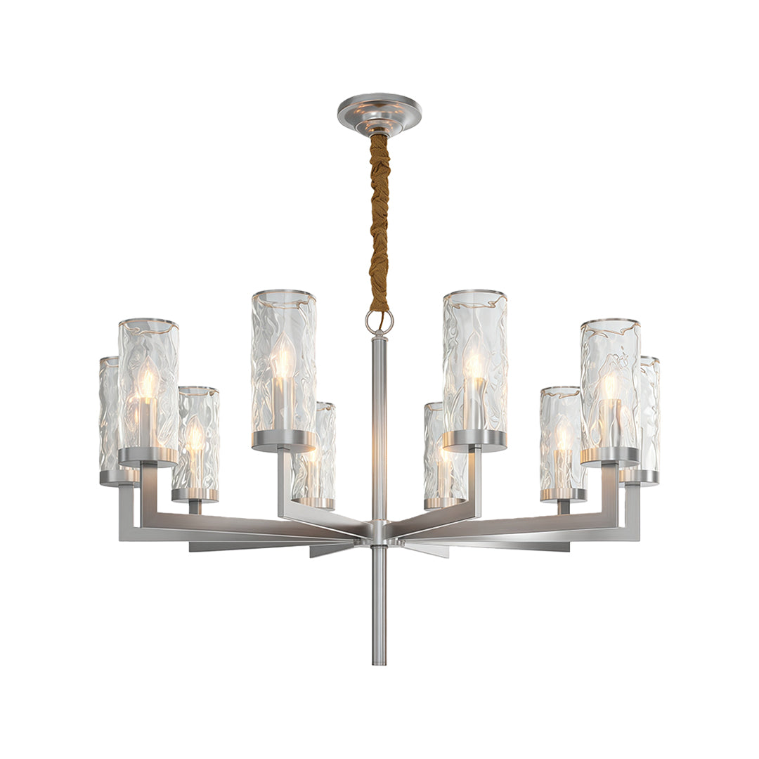 Island chandelier modern featuring satin chrome with radial glass cylinder pattern