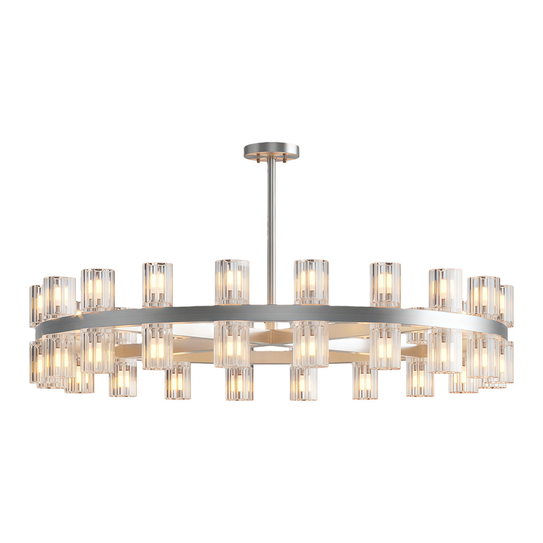 Luxury crystal chandeliers featuring satin chrome with radial glass cylinder configuration.