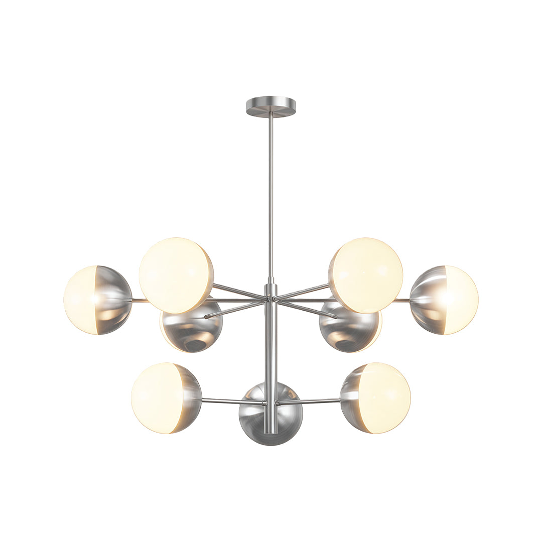 Globe light chandelier featuring satin chrome with radial globe shade arrangement