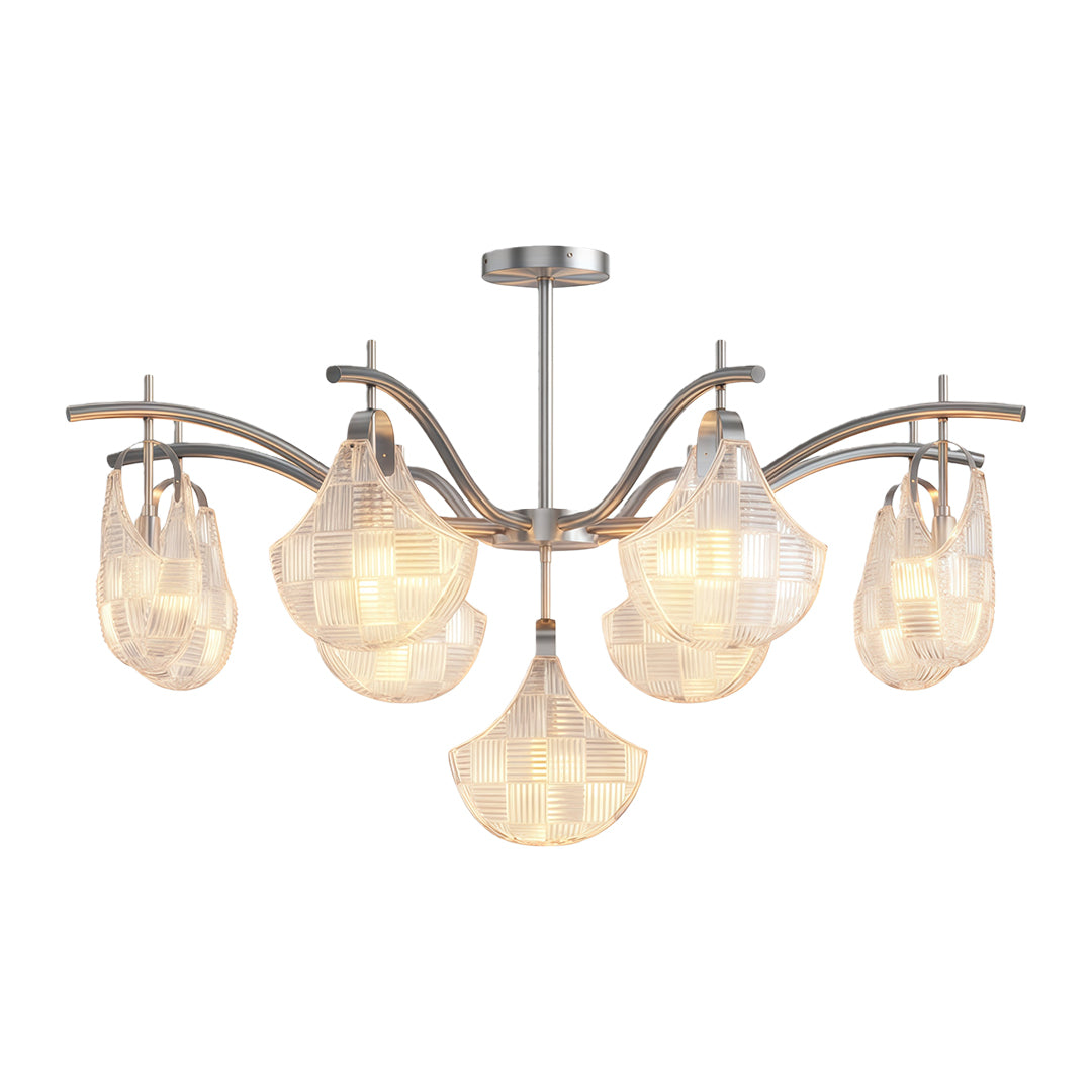 Shell chandelier light featuring satin chrome with symmetrical shell glass layout.