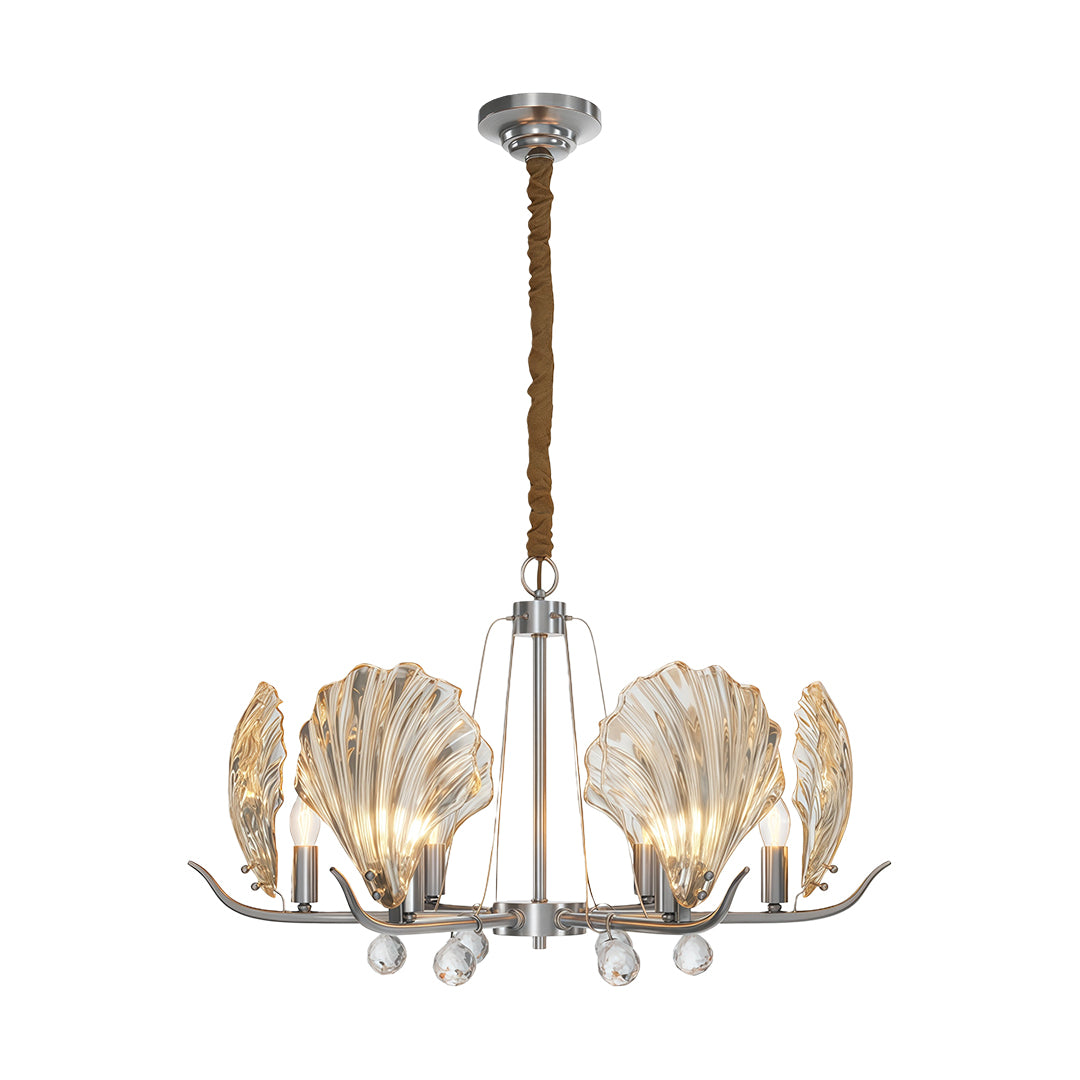 Modern luxury chandeliers featuring satin nickel with elegant leaf-form glass elements