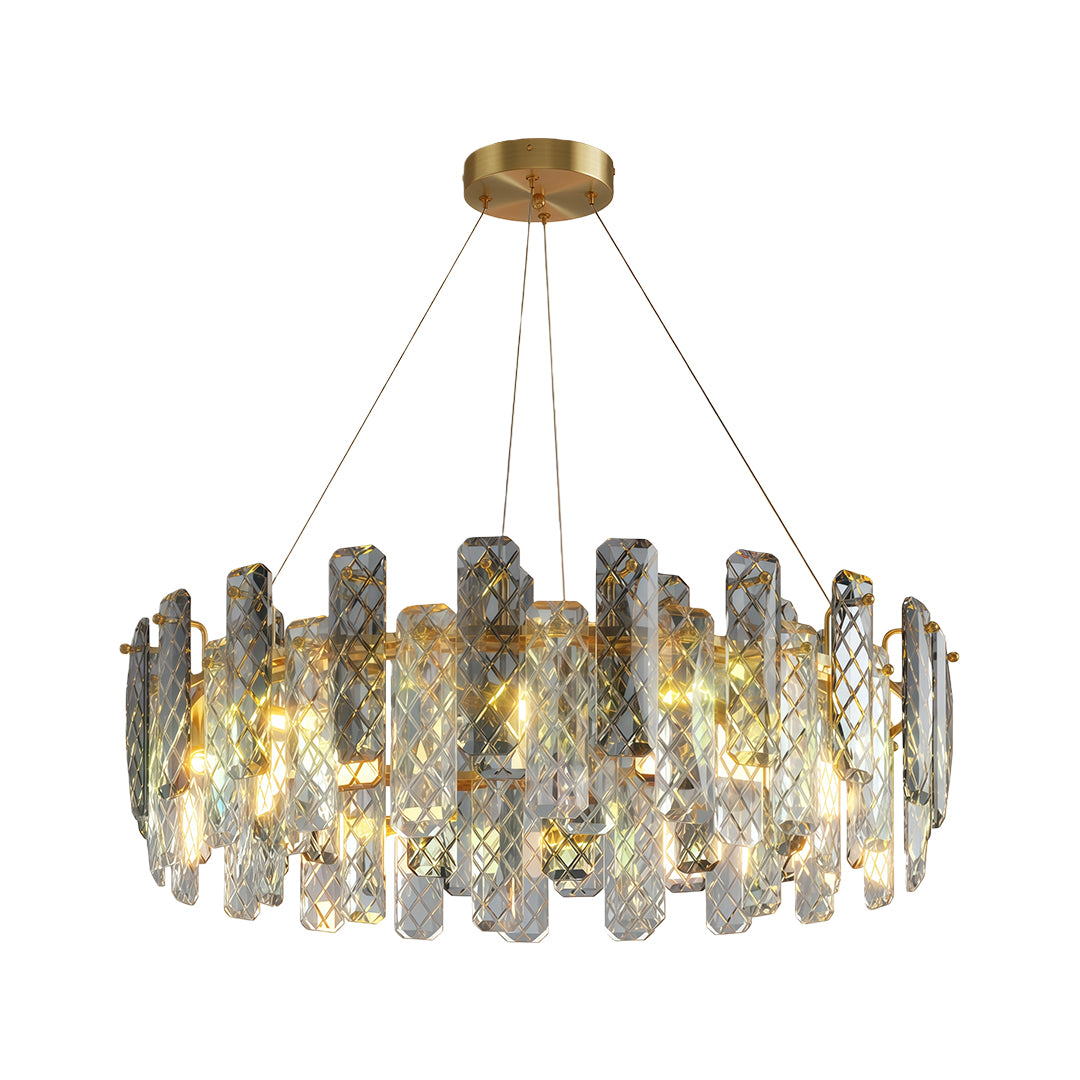 Luxury contemporary crystal chandeliers featuring satin nickel with symmetrical crystal arrangement.