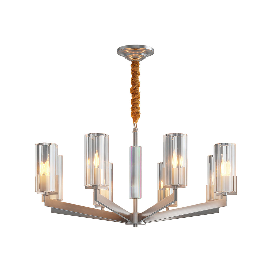 Modern luxury chandeliers featuring satin nickel with symmetrical fluted glass shade design