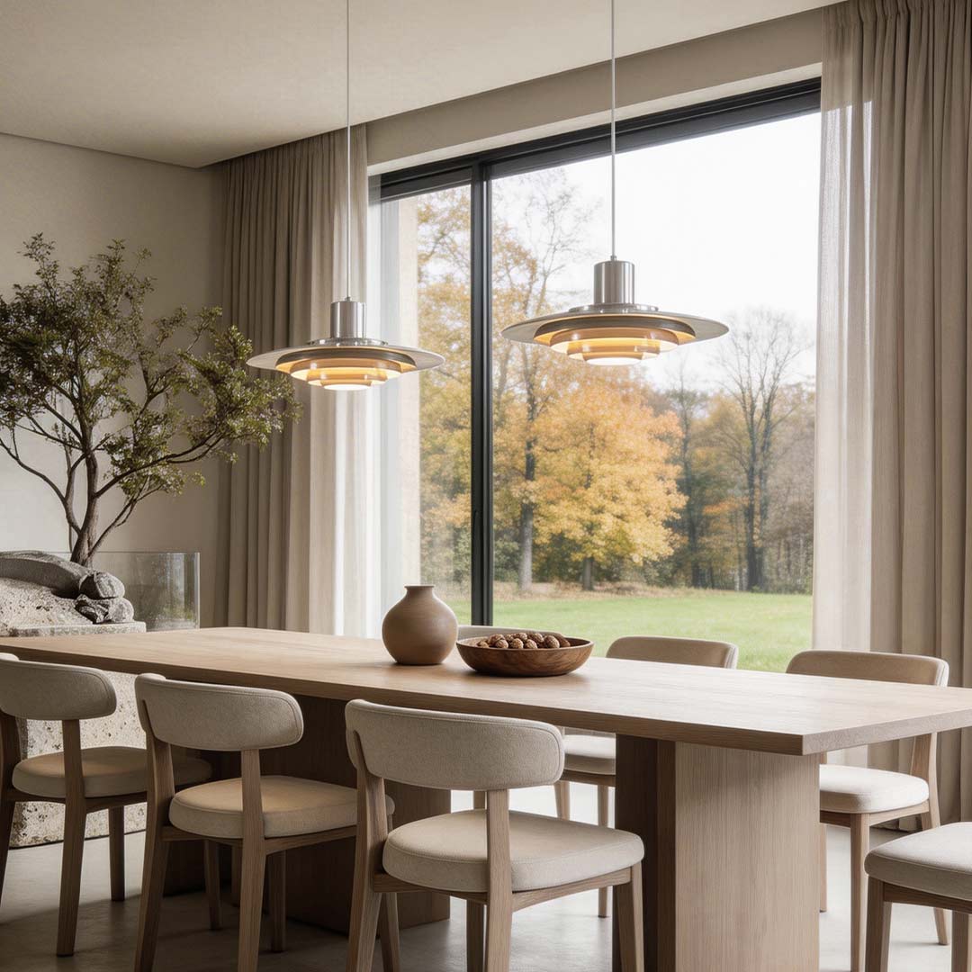 Saucer pendant light enhancing a contemporary kitchen island with soft illumination.