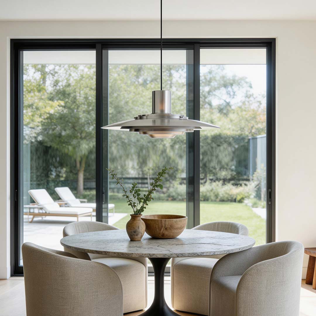 Saucer pendant light illuminating a modern dining area with warm ambient glow.