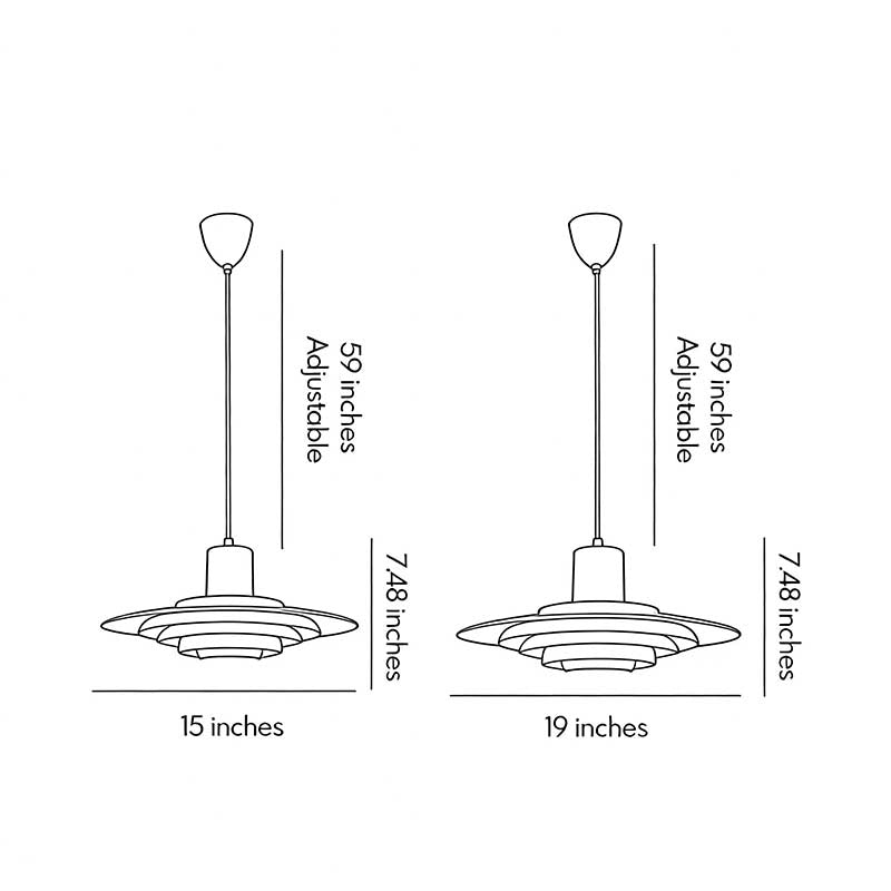 Technical diagram showing dimensions and structure of saucer pendant light models.