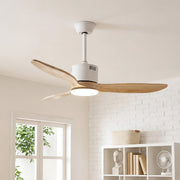 Scandinavian style Wooden Ceiling Fan with Light with light oak blades in a bright white room.