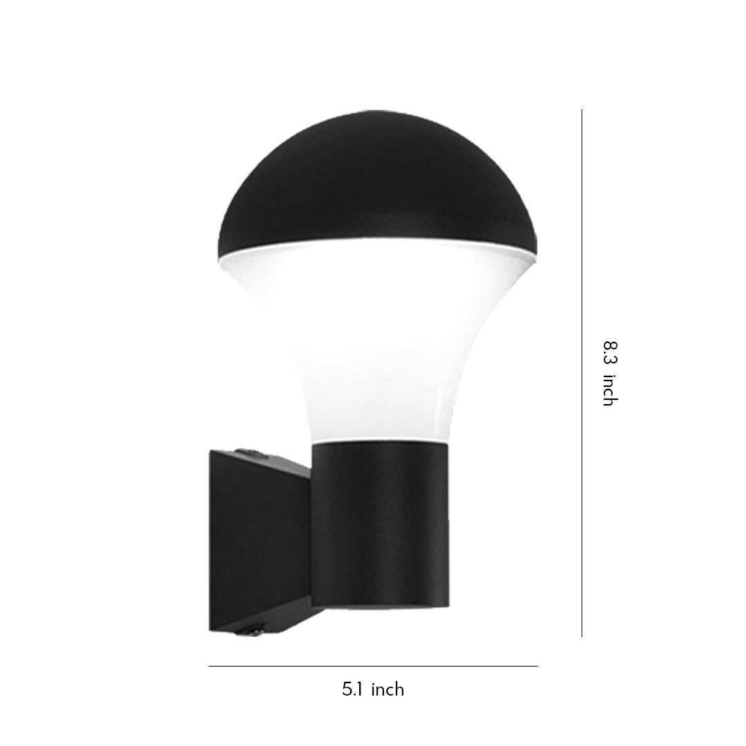 Modern rounded sconce outdoor lighting fixture with black top cover and frosted diffuser on white background.