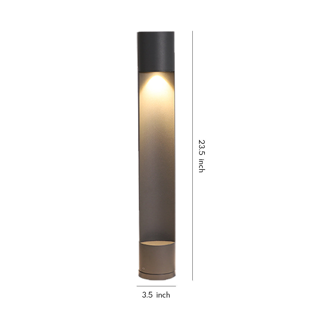 Slim cylindrical sconce outdoor lighting fixture with warm vertical glow on a clean white background.