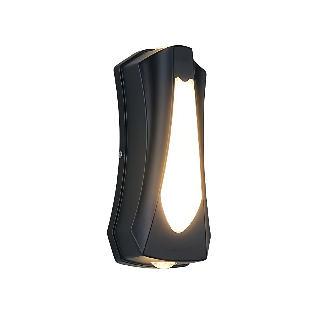 Black sculptural outside up down wall lights with curved modern form and warm internal glow.