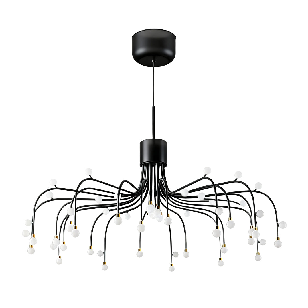 Sculptural modern retro chandelier with flowing branches and clear glass spheres in black metal finish