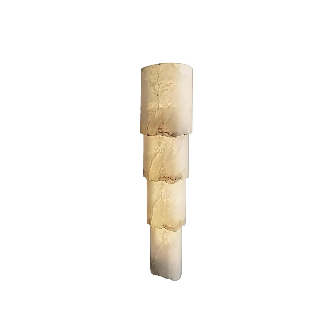 Sculptural wall sconce product image with vertically stacked textured panels and a slim elongated form.