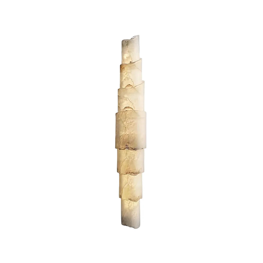 Sculptural wall sconce product view showing a narrow vertical silhouette with layered illuminated shades.
