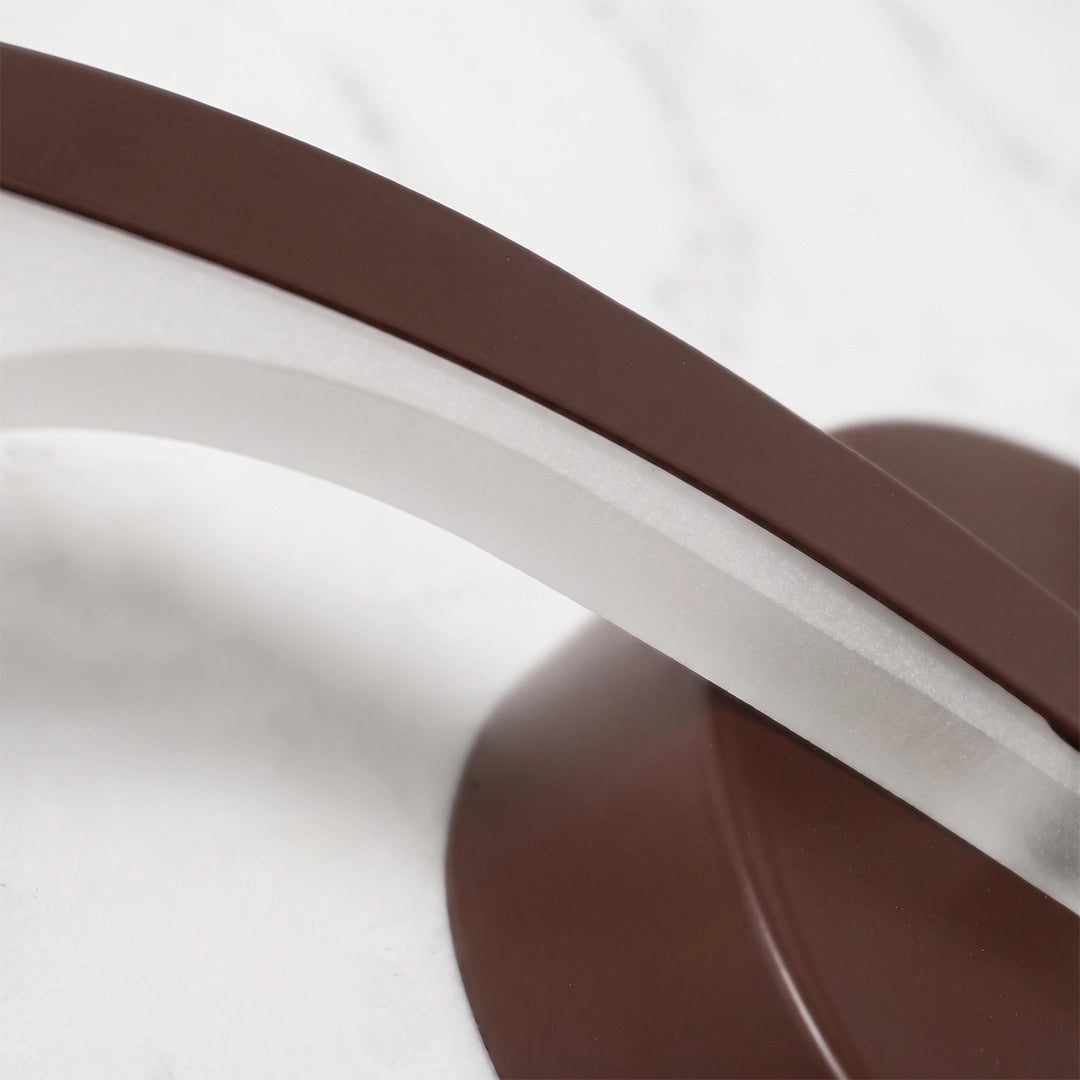 Close-up of the curved white LED diffuser and brown metal frame on seagull lighting sconces.