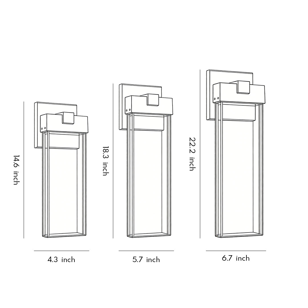 Dimension diagram of seeded glass outdoor wall lighting showing various sizes for installation.