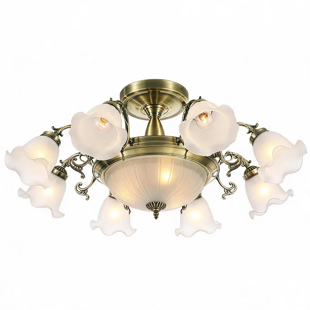 Semi flush glass ceiling light in an antique bronze finish with multiple frosted glass shades and a center bowl.
