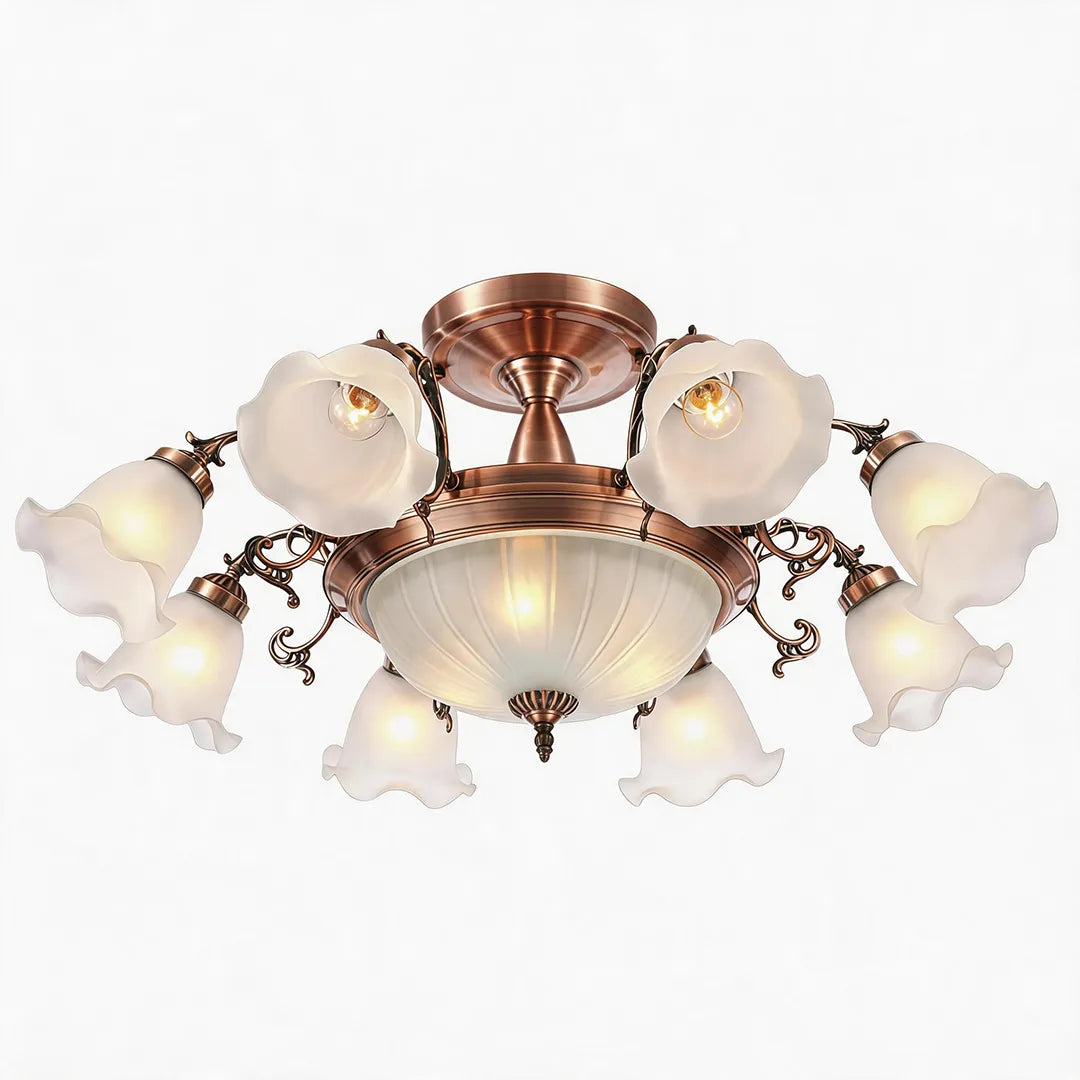 Semi flush glass ceiling light in an antique dark red finish with floral glass shades and a frosted center bowl.