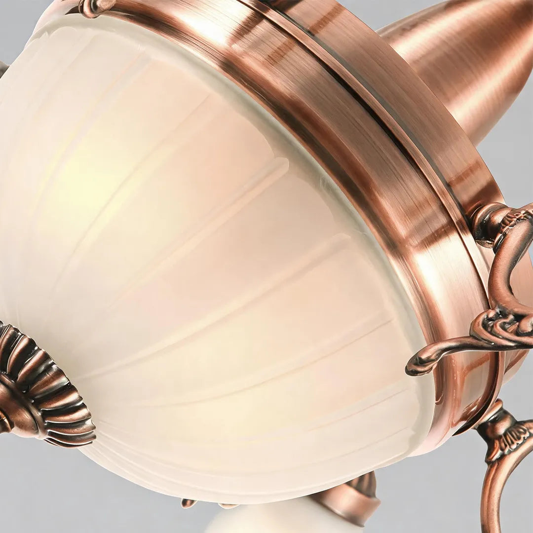 Close-up of a semi flush glass ceiling light with a frosted glass bowl shade and antique copper metal trim.