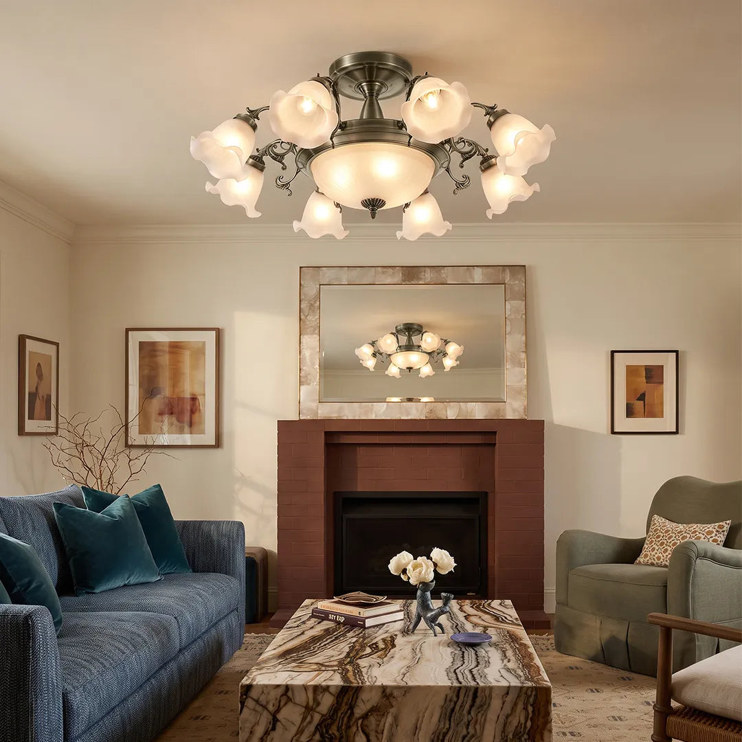 Semi flush glass ceiling light mounted above a cozy living room with a fireplace, sofa seating, and classic decor.