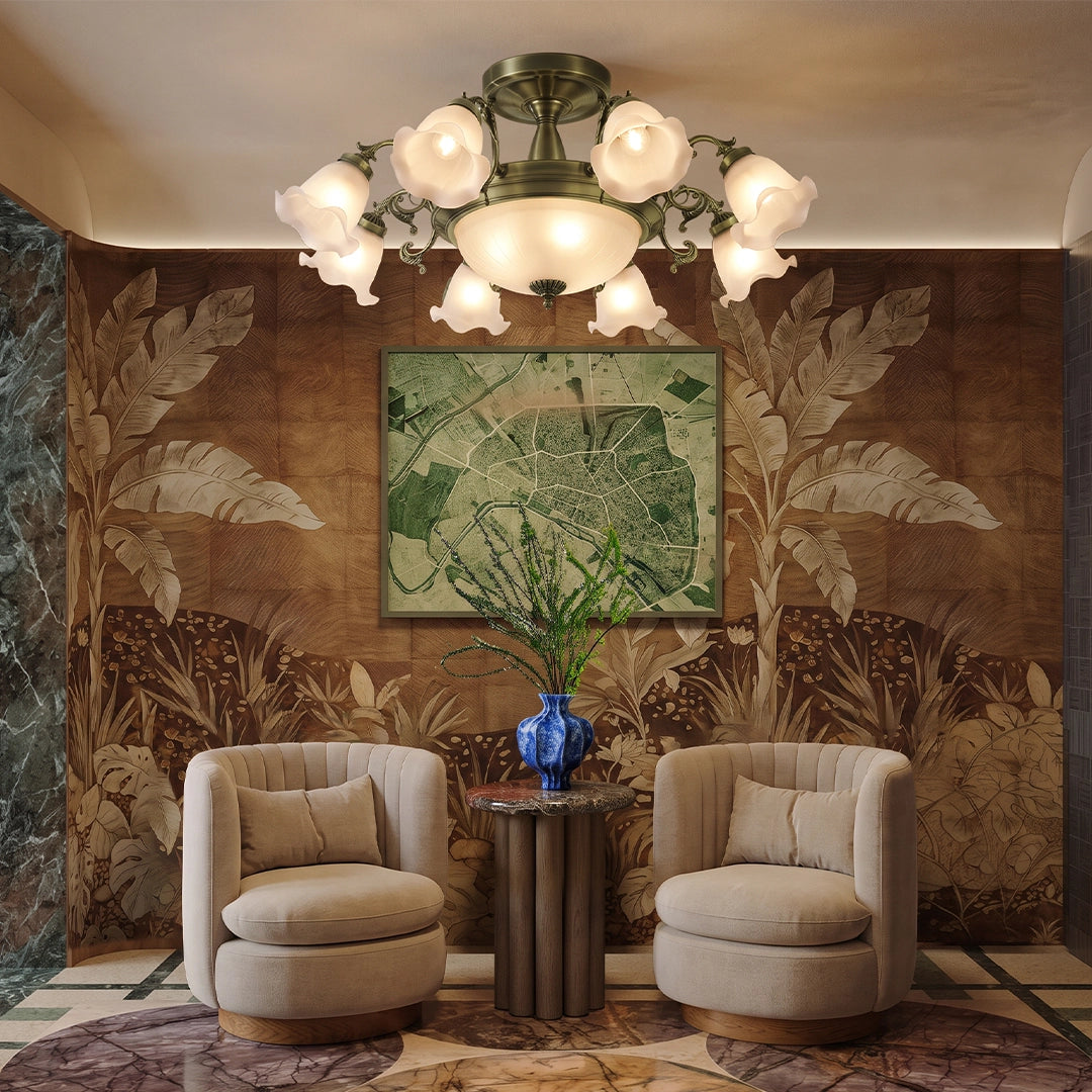 Semi flush glass ceiling light mounted above a cozy lounge area with floral wallpaper and upholstered chairs.