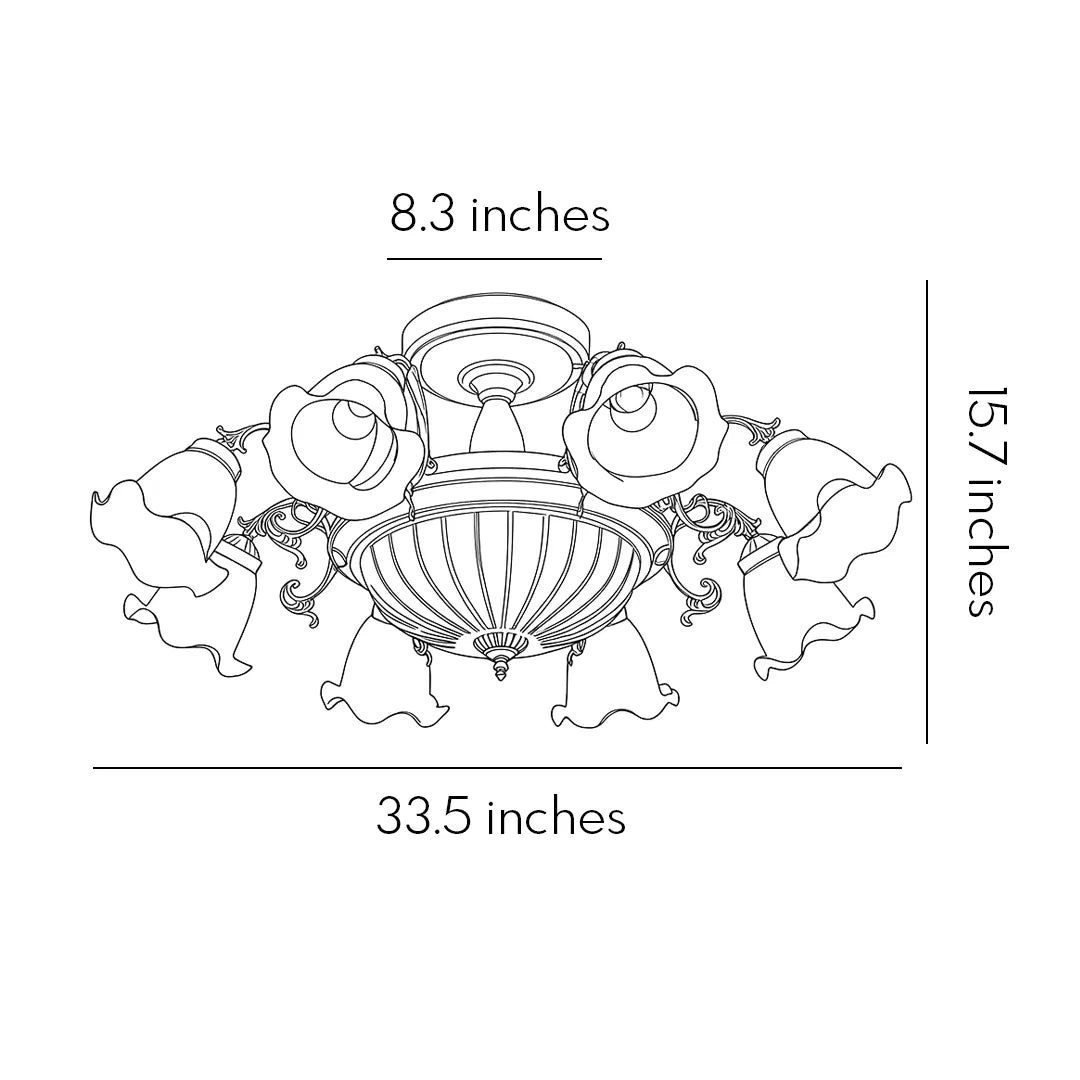 Semi flush glass ceiling light dimension diagram showing a 33.5-inch width and 15.7-inch overall height.