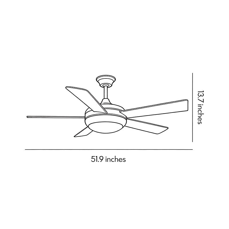 Line drawing of semi-flush mount ceiling fan with light dimensions, providing installation specifications.