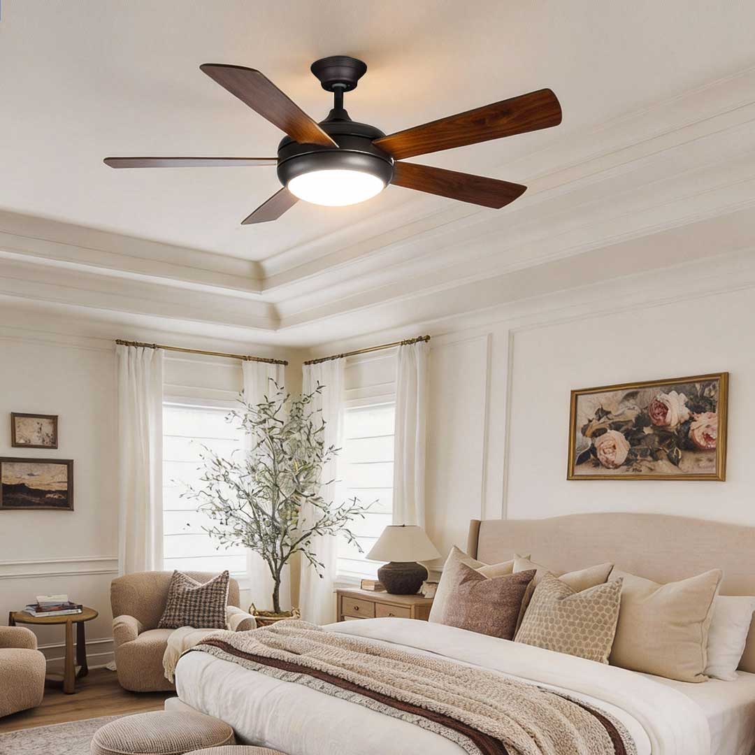 Semi-flush mount ceiling fan with light adding modern elegance to a cozy bedroom.