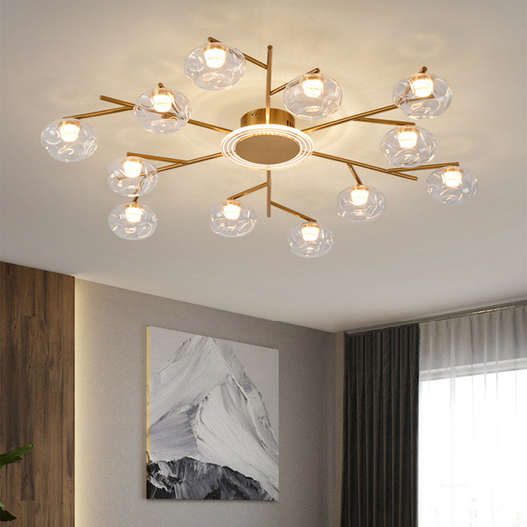 Large semi flush mount lighting installed in modern living room creating ambient ceiling illumination