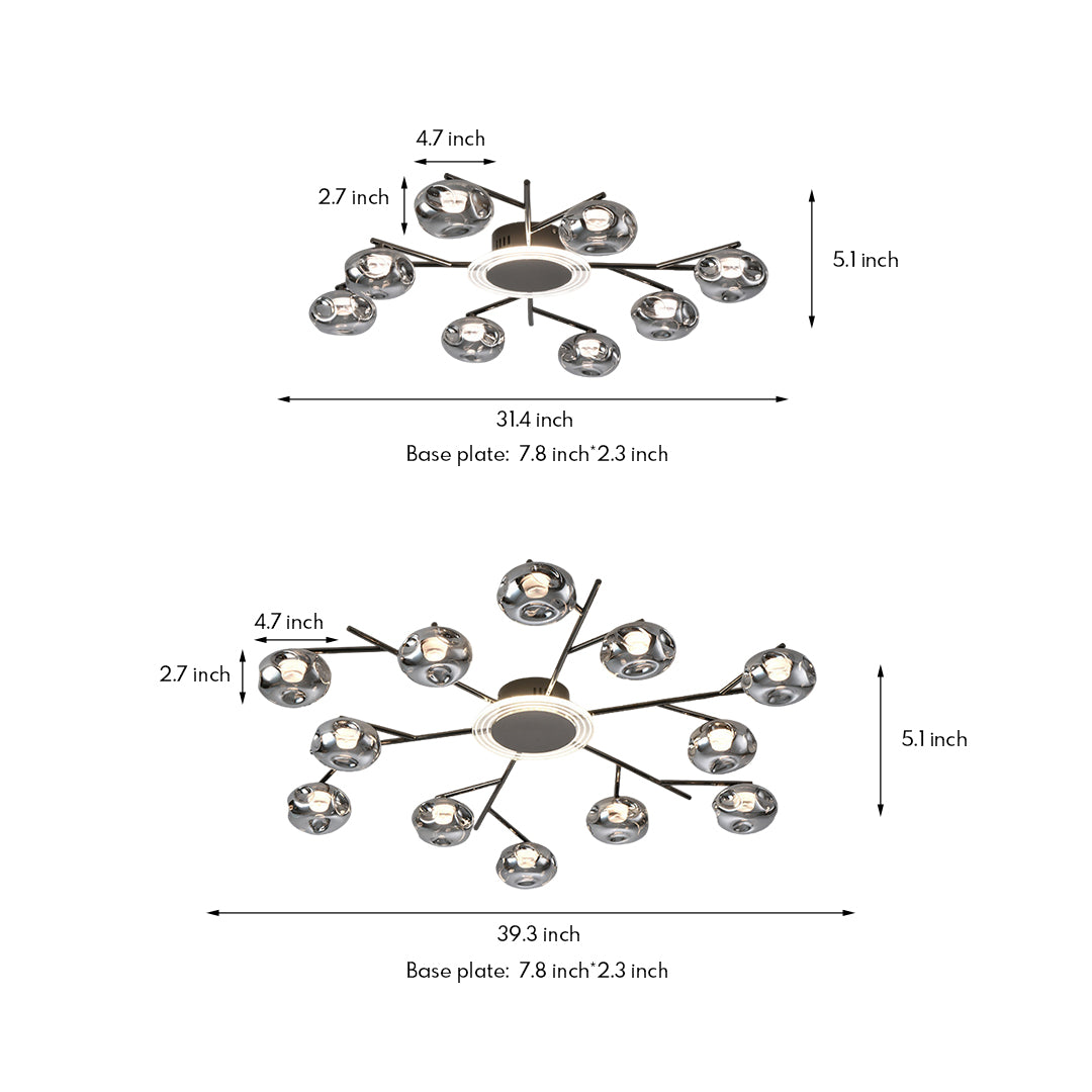 Technical specification drawing showing large semi flush mount lighting dimensions and assembly configuration