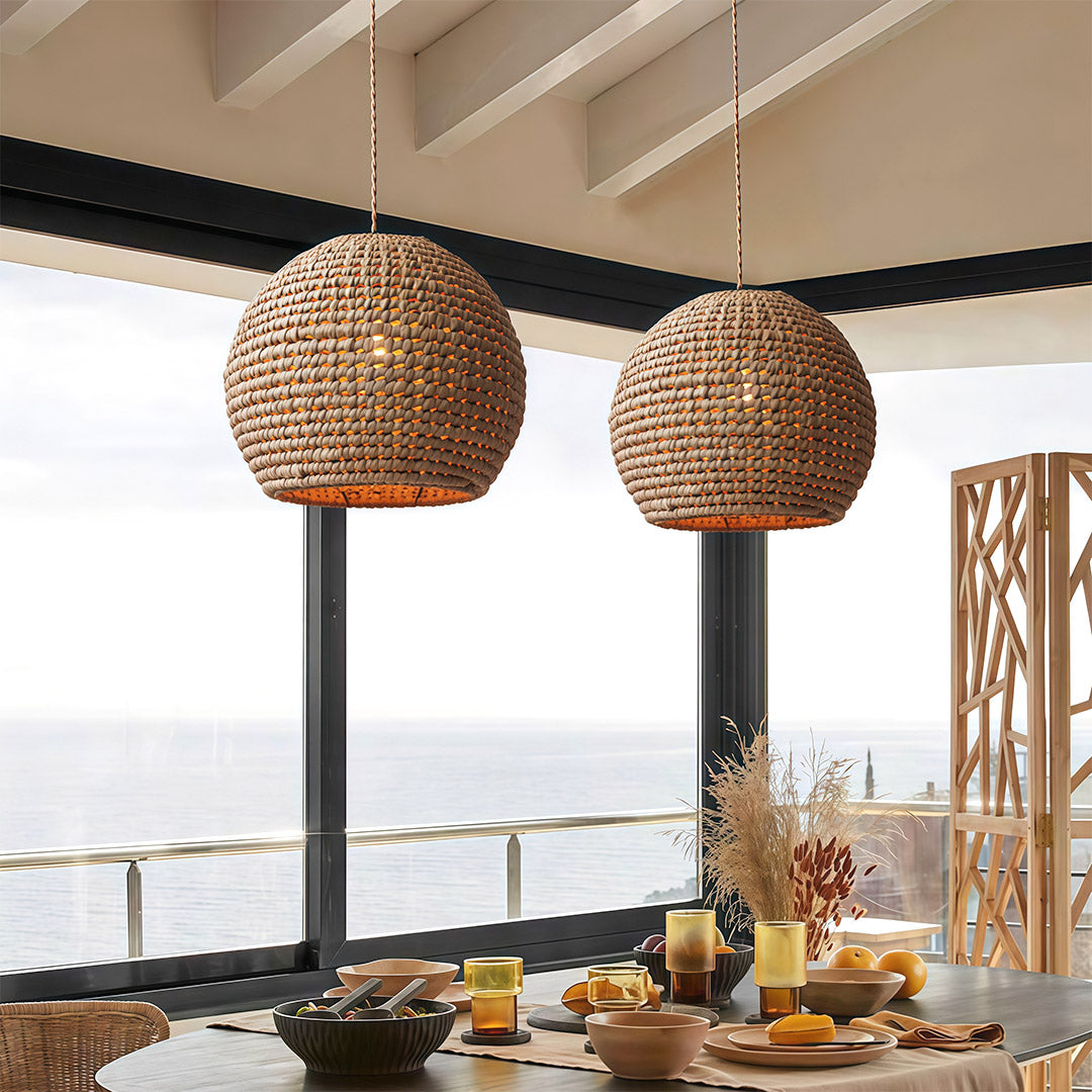 Japanese paper pendant light illuminating a serene interior with a soft, diffused light.