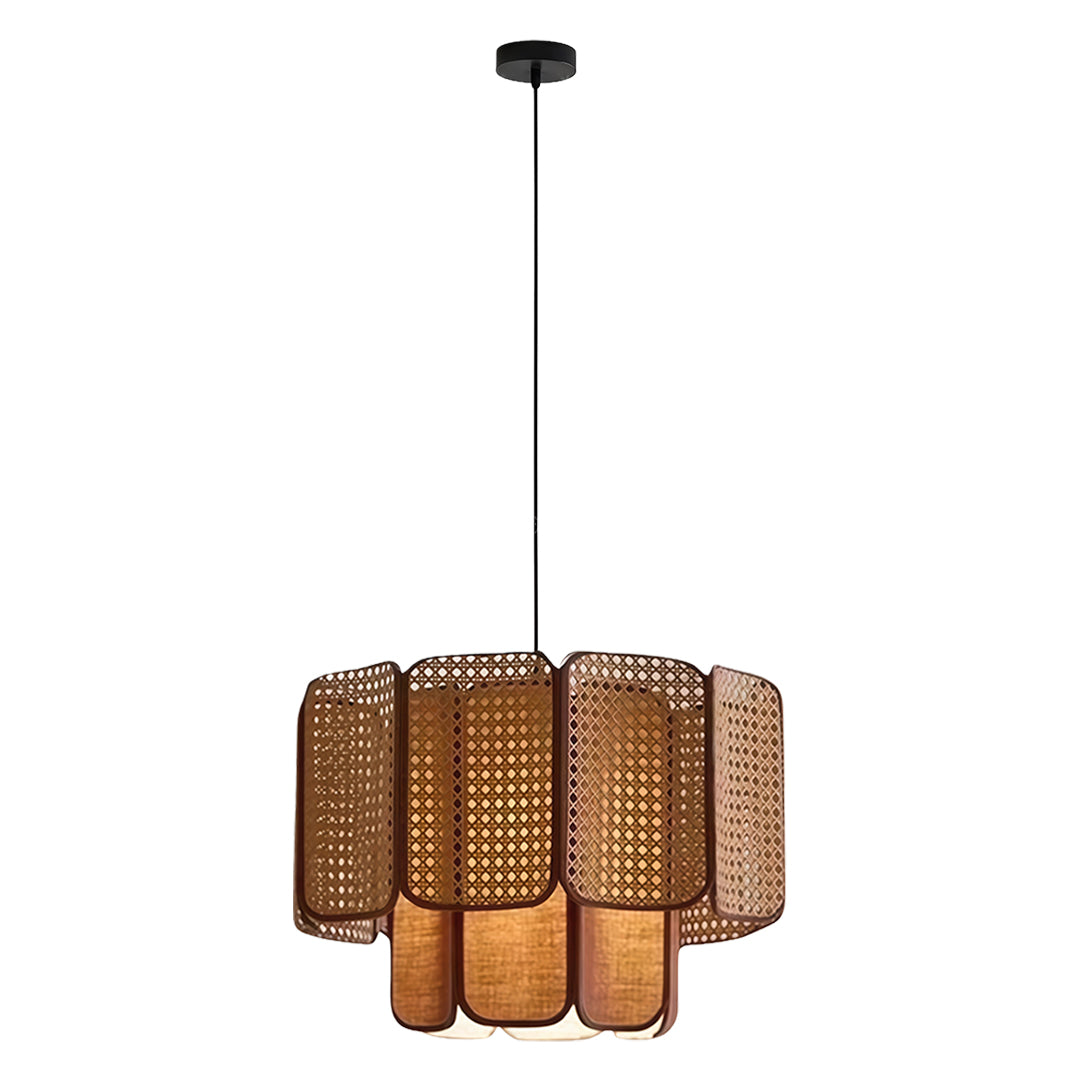 Bamboo pendant lights arranged in a series, creating a cozy and welcoming atmosphere in a modern home.