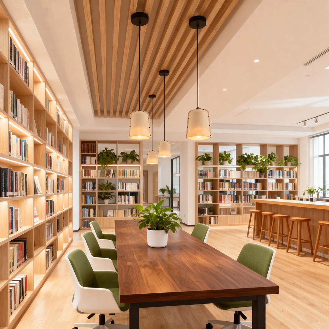 Series of minimalist white adjustable pendant light fixtures providing task lighting in a long library reading area.