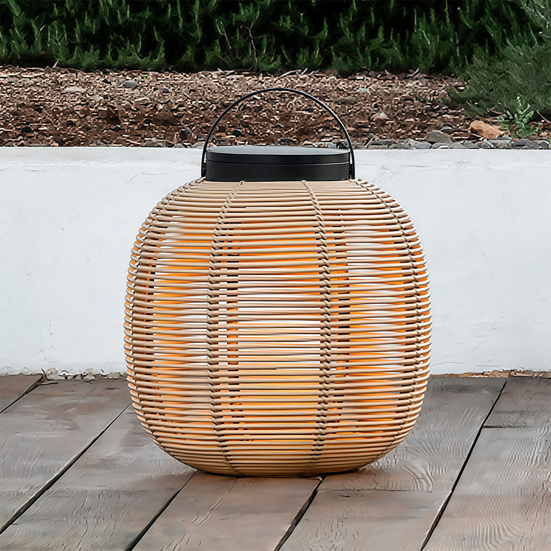 Set of LED solar lanterns used to light up a stairway, combining functionality with stylish design.