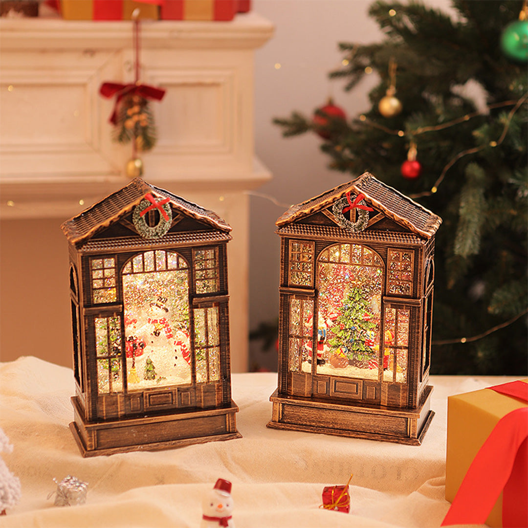 Set of warm-glowing christmas decorations with light designed as antique bronze lanterns.