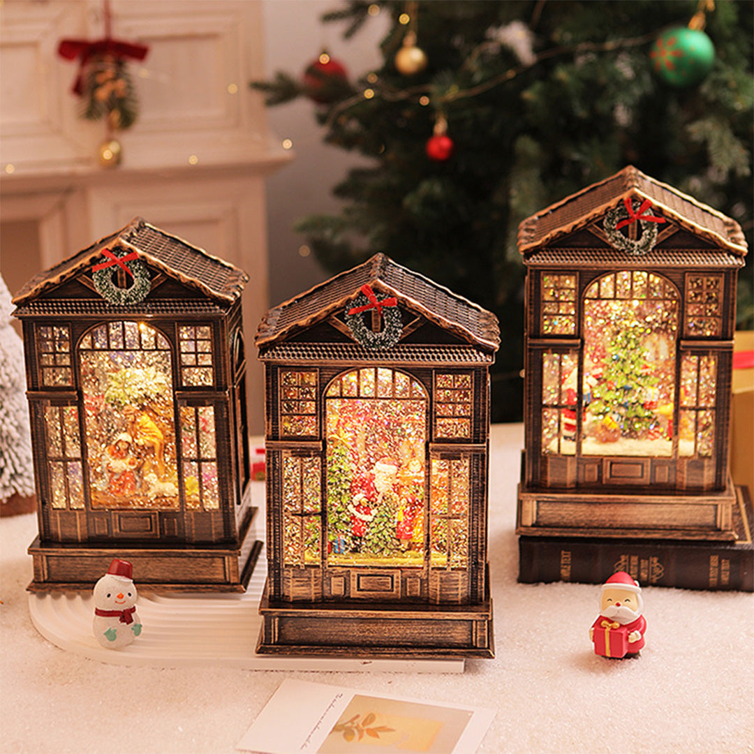 Set of warm-glowing christmas decorations with light designed as antique bronze lanterns.