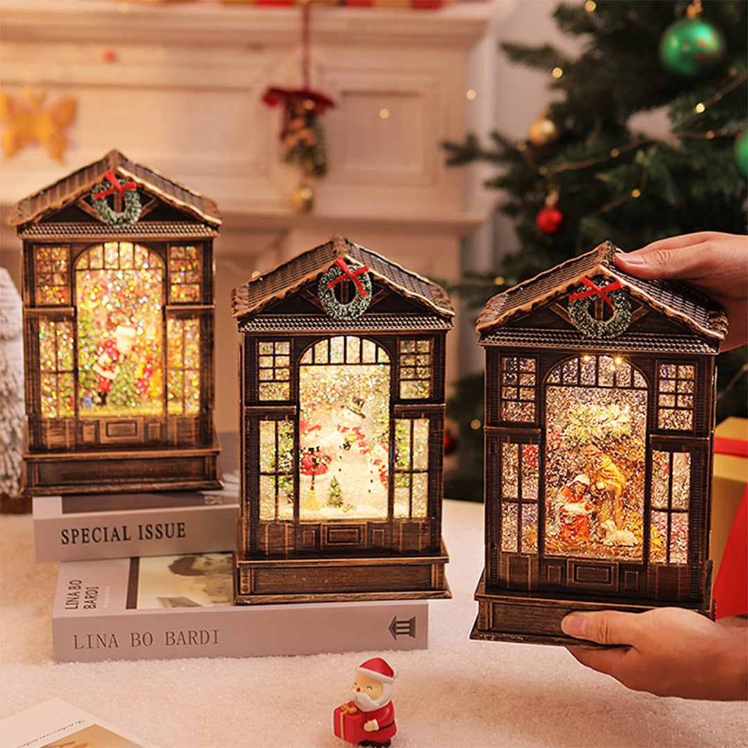 Set of warm-glowing christmas decorations with light designed as antique bronze lanterns.