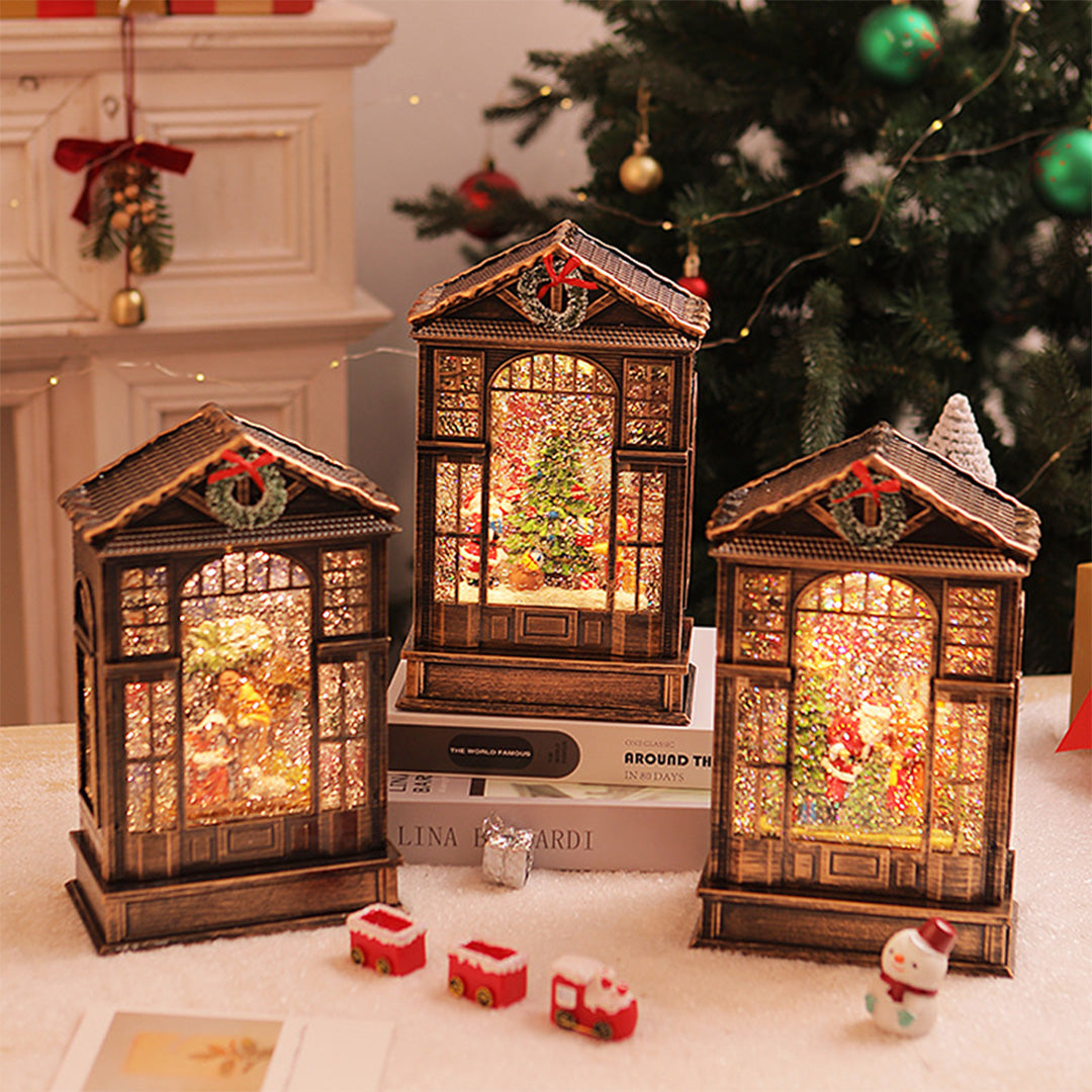 Set of warm-glowing christmas decorations with light designed as antique bronze lanterns.