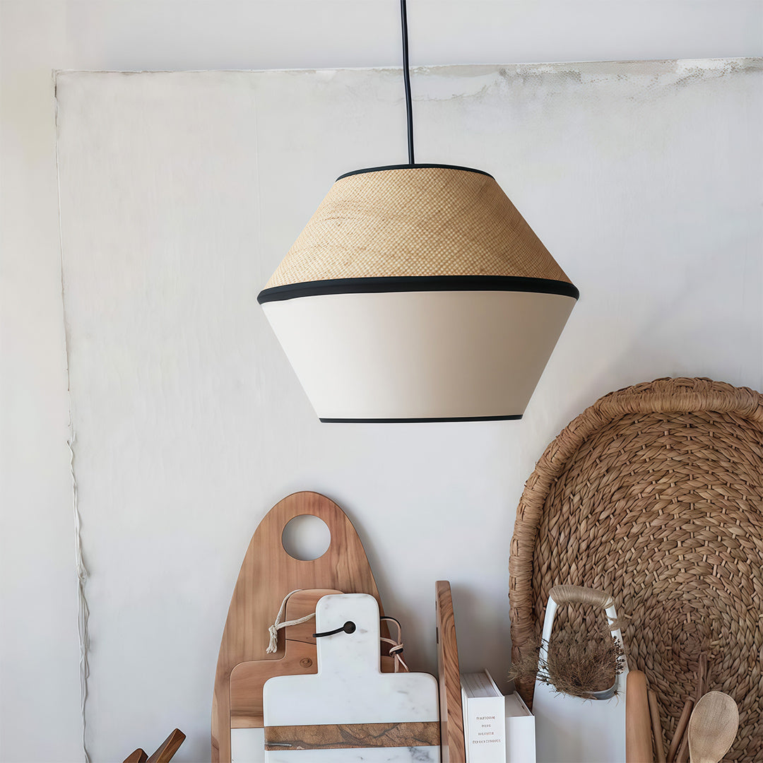 Set of pendant fabric light shades hanging from the ceiling, enhancing the modern decor of the room.