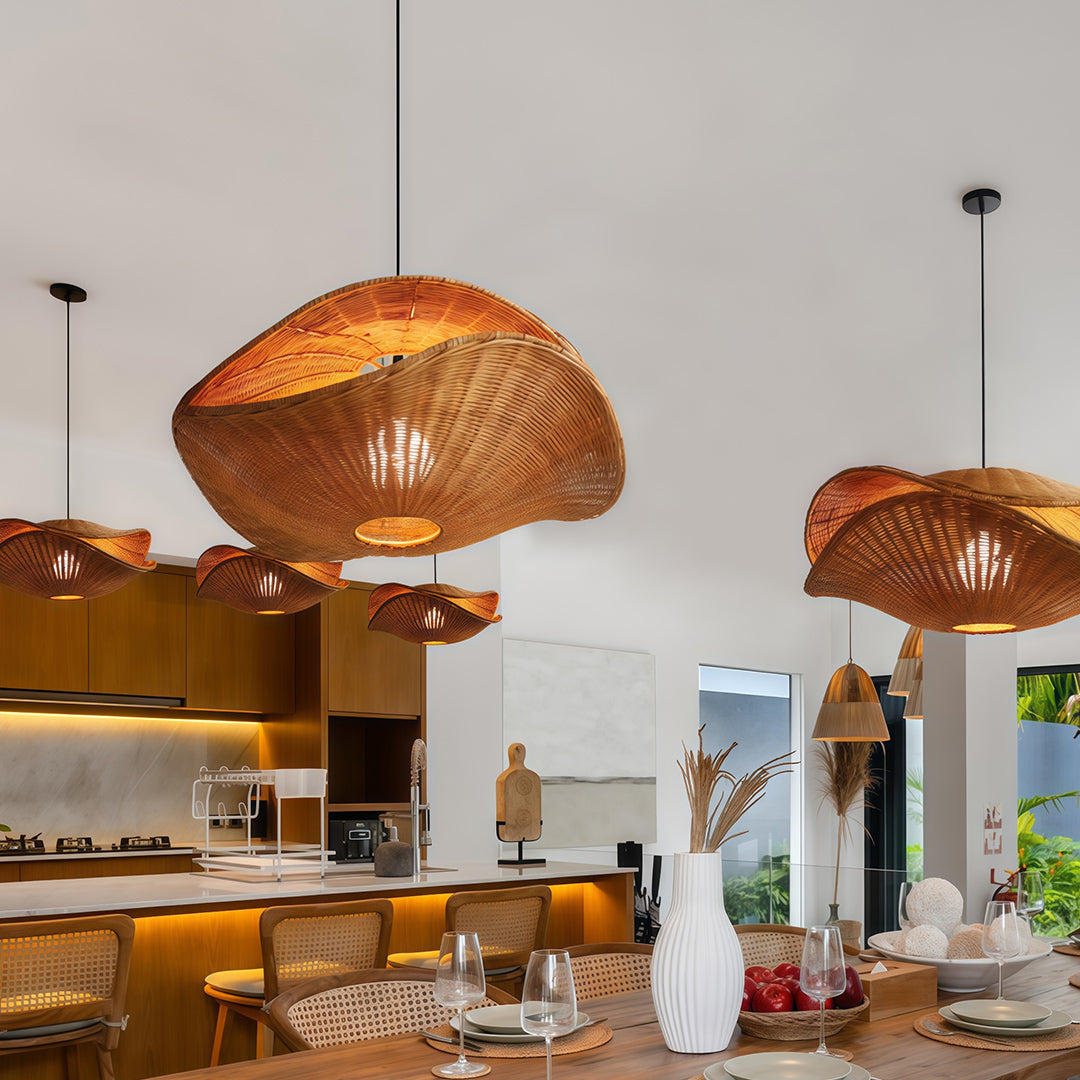 A set of rattan pendant lights in a modern living room, enhancing the cozy atmosphere with soft lighting.