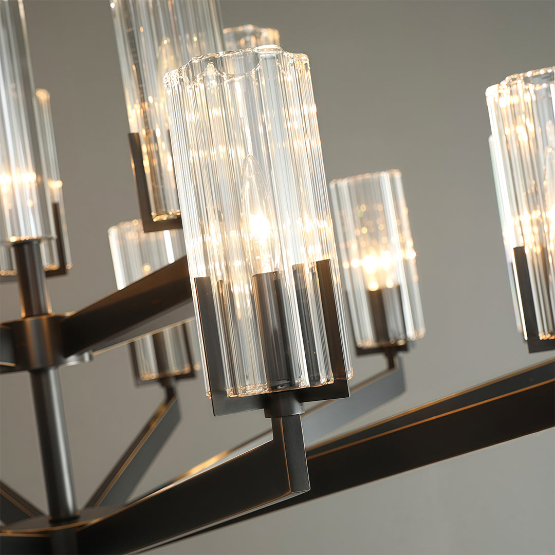 Shell chandeliers close-up detail showcasing textured glass cylinders and metalwork craftsmanship