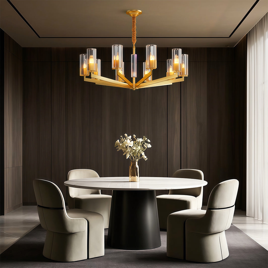 Modern luxury chandeliers enhancing contemporary dining space with dark feature wall and vase