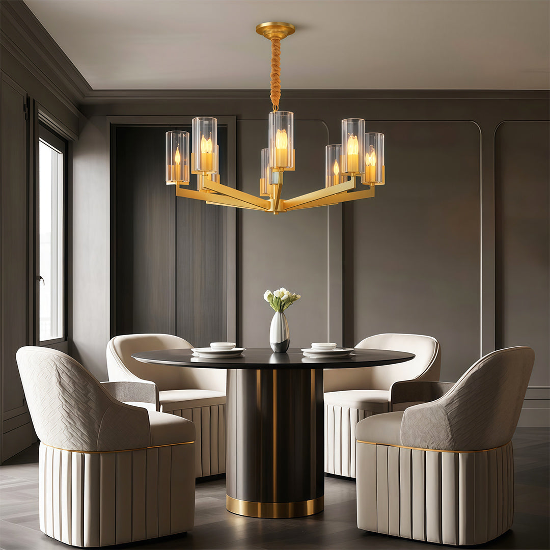 Shell chandeliers illuminating contemporary dining area with round table and upholstered seating