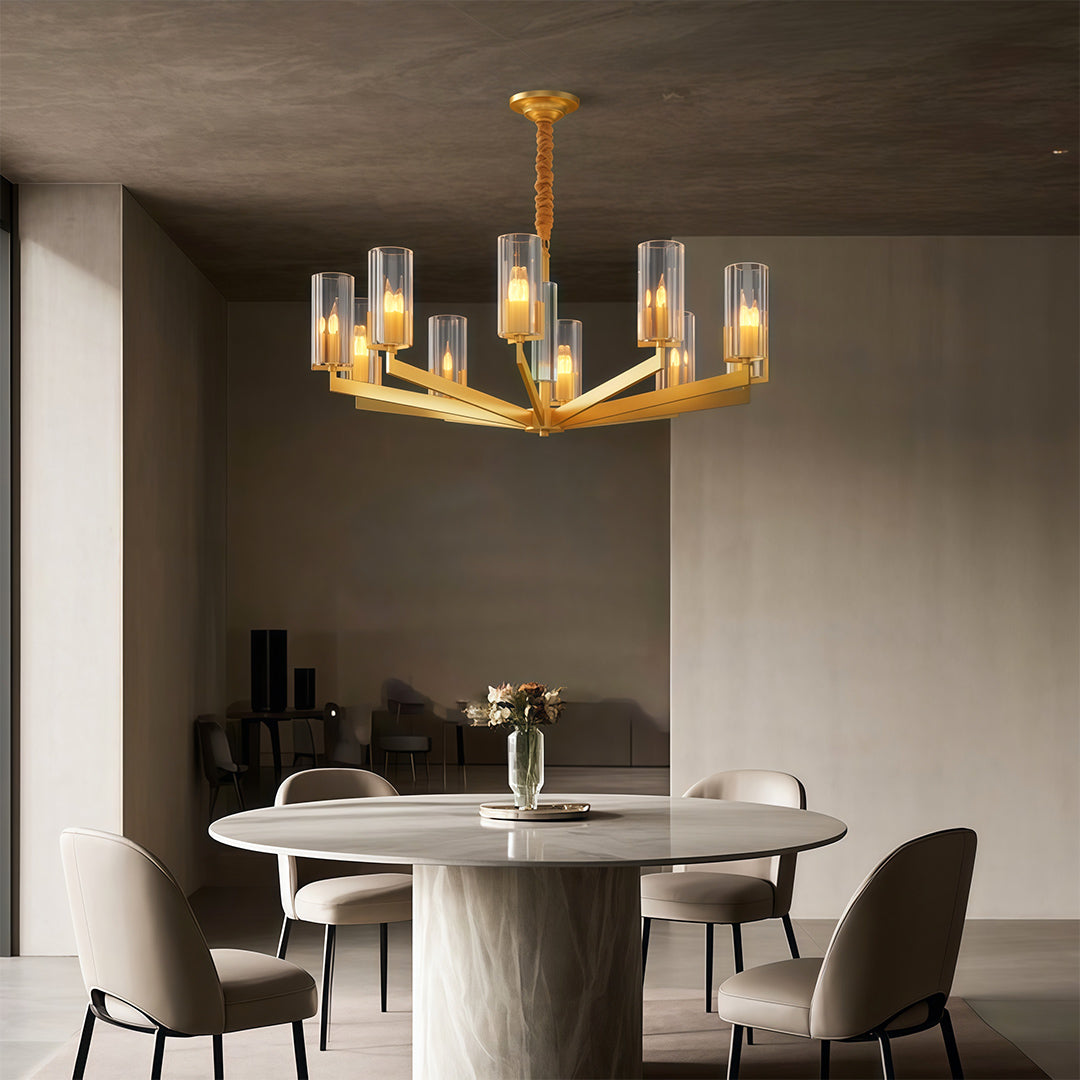 Modern luxury chandeliers creating focal point in minimalist dining room with neutral design
