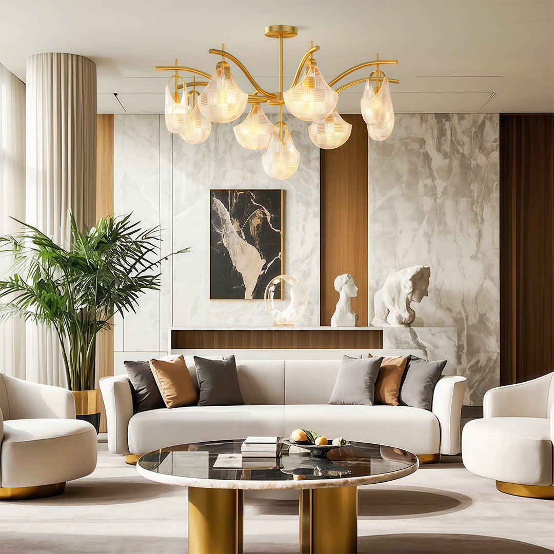 Shell chandelier light creating focal point in contemporary living space with modern furniture.