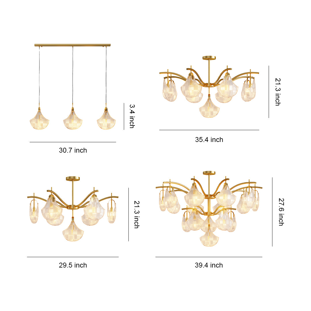 Shell chandelier light specification diagram showing multiple size and configuration options