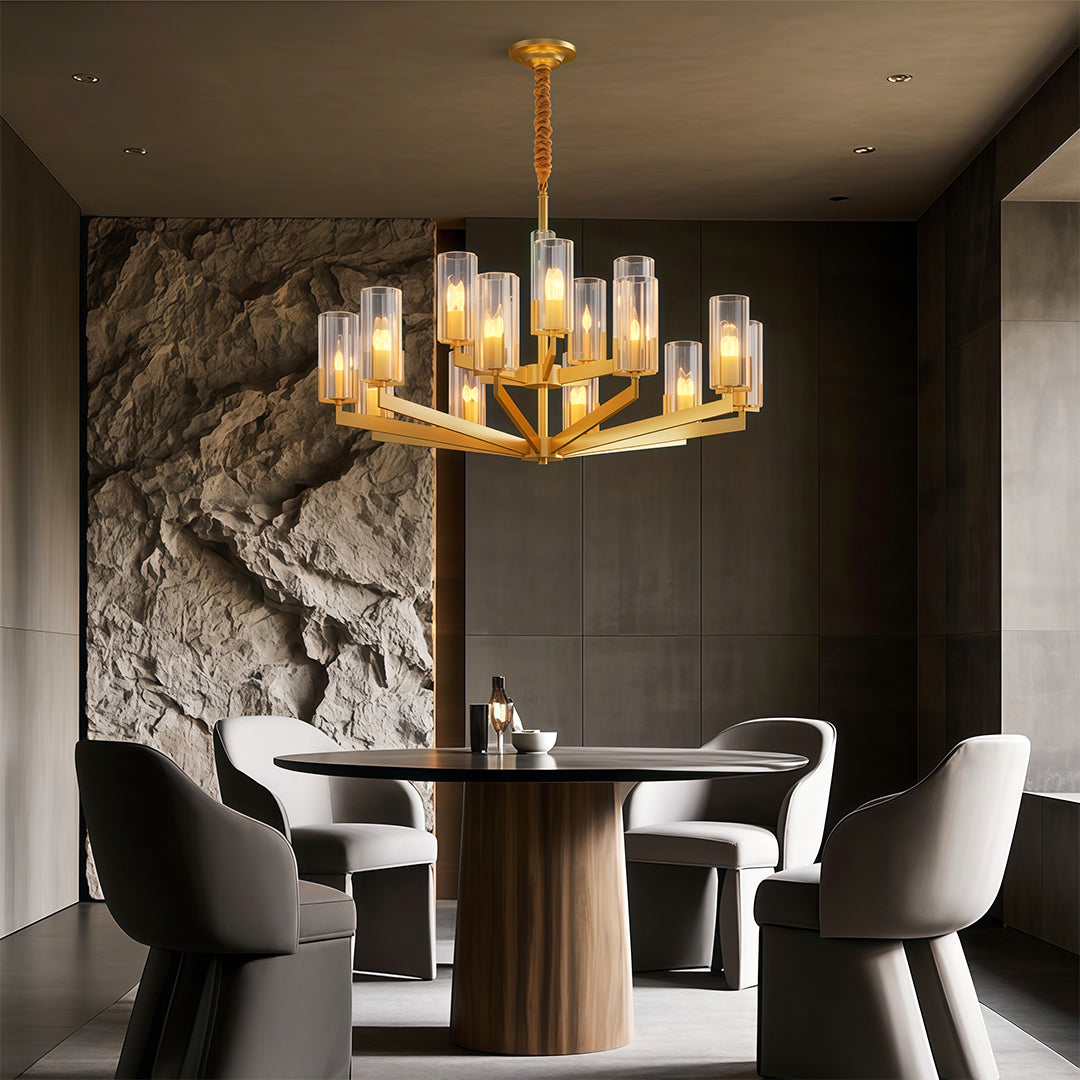Shell chandeliers illuminating luxurious dining room with dark walls and contemporary white chairs