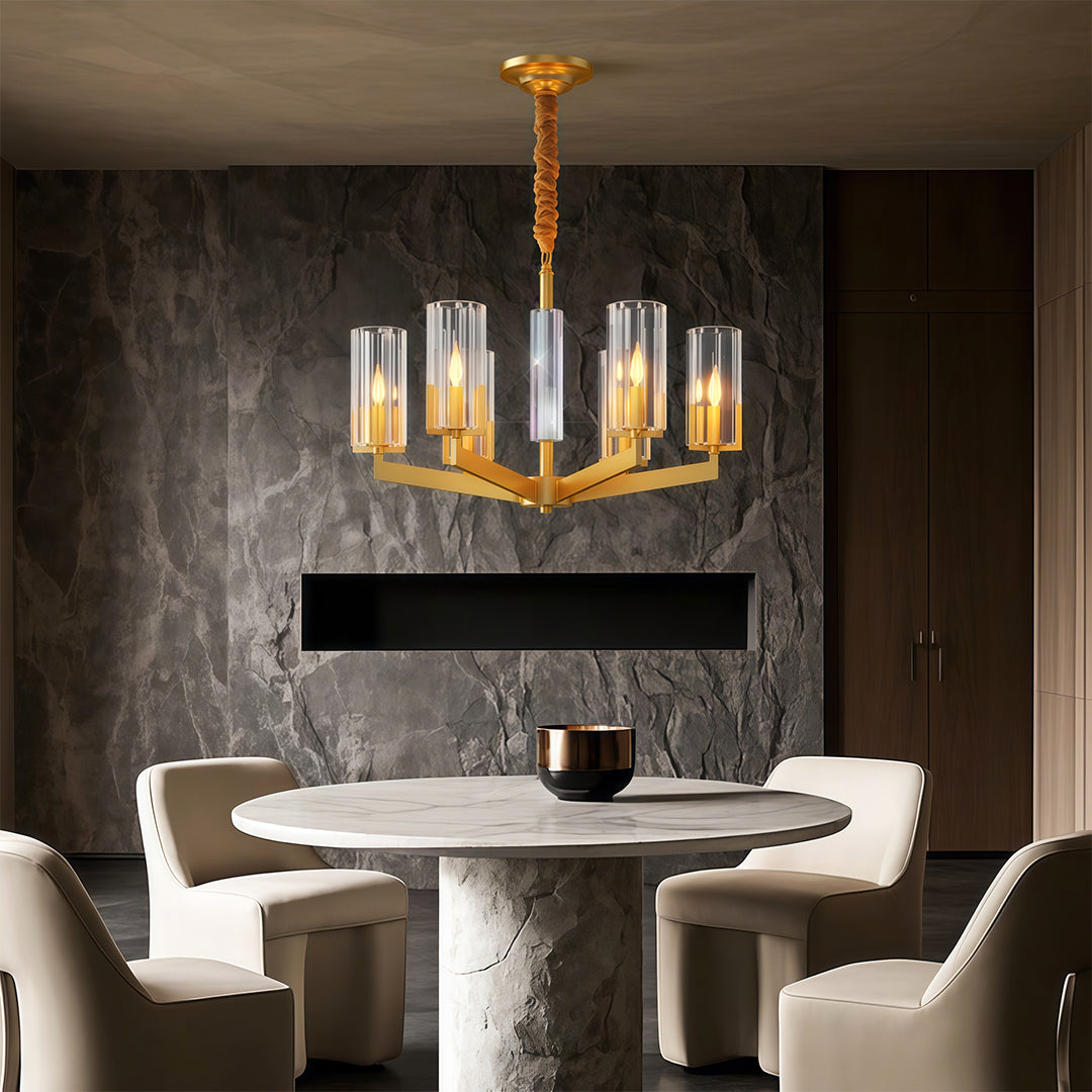 Shell chandeliers illuminating luxurious dining room with textured dark walls and round table