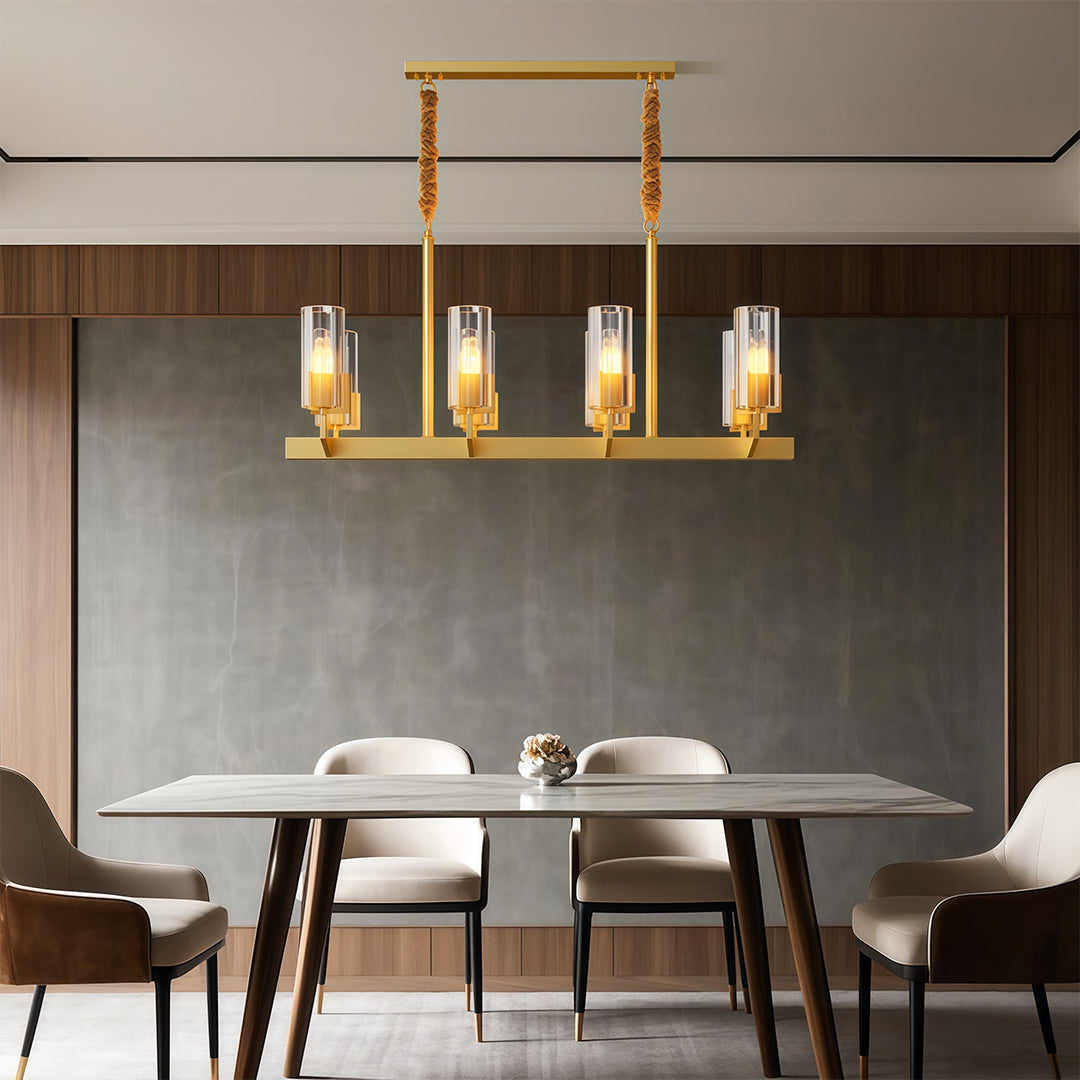 Shell chandeliers above modern dining table in sophisticated grey interior with leather chairs